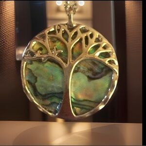 Family Tree Made Of Natural Abalone Shell Pendant Necklace Incased In Silver